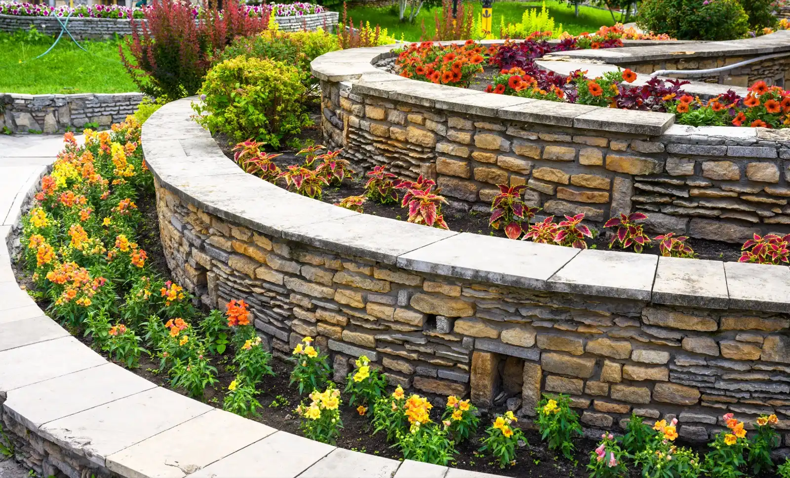 Curved backyard retaining wall of stacked stone with a flat cap and flower beds
